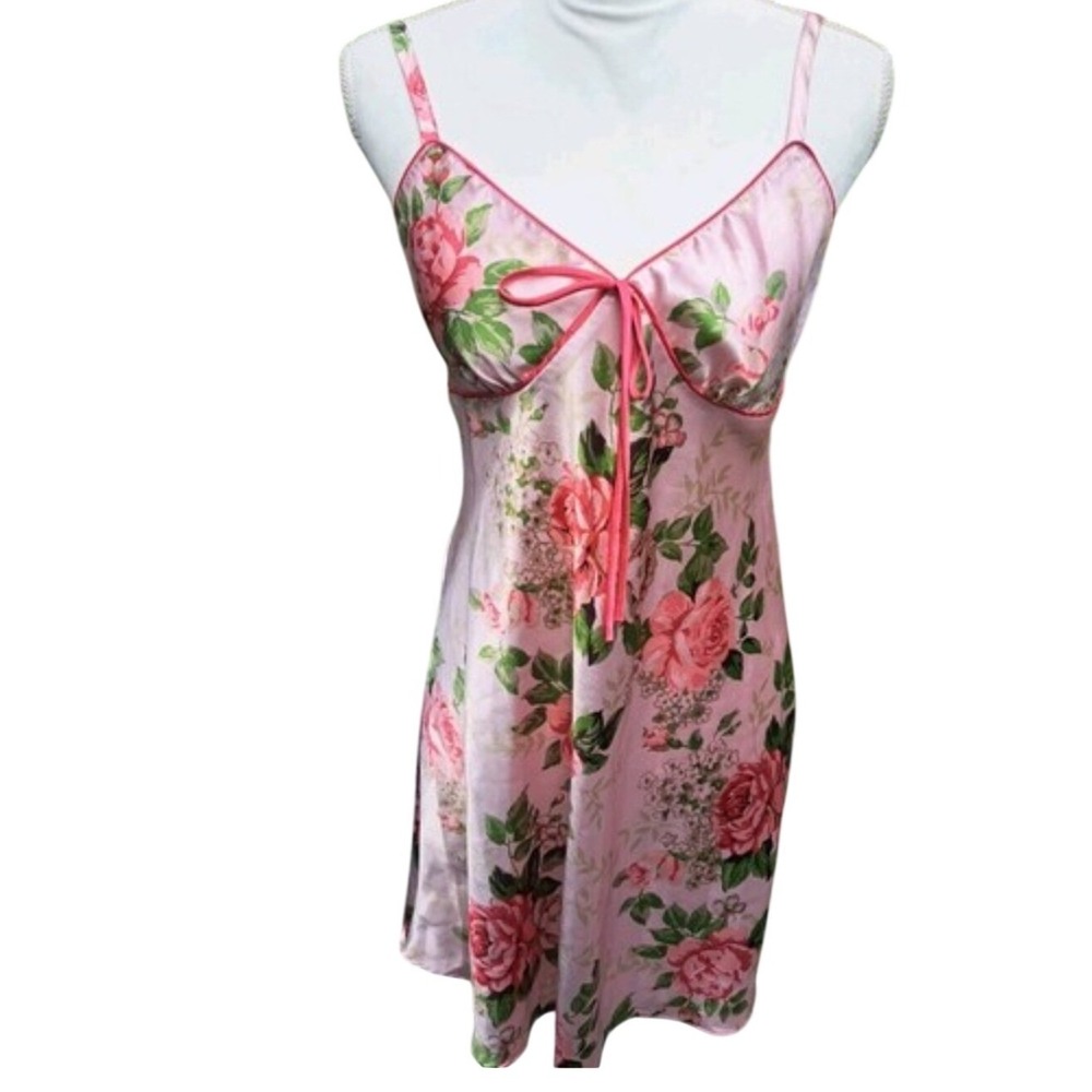 Adonna Whimsical Pink Roses Satin Chemise Nightgown XL NWT Floral Slip